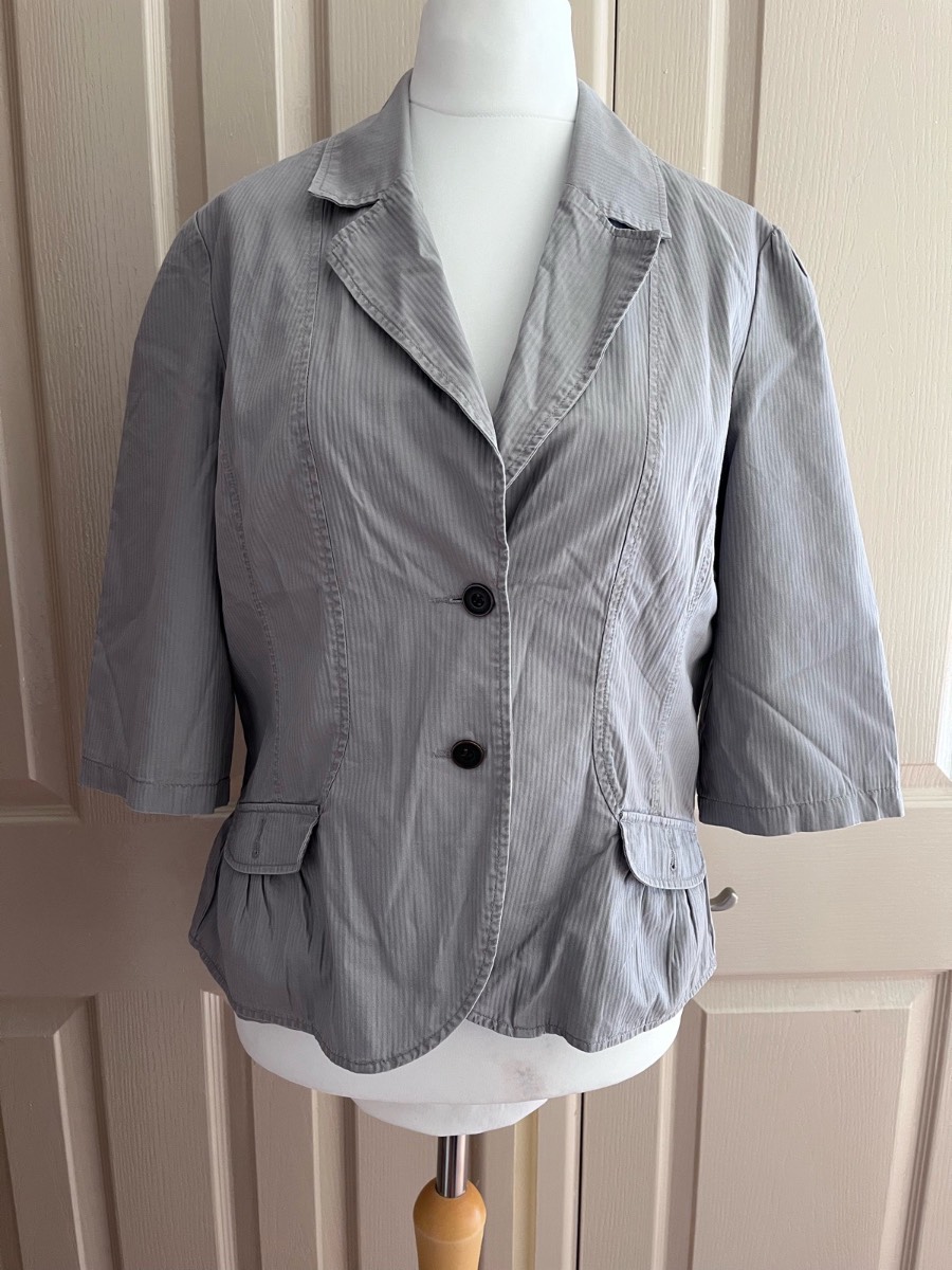 Marks & Spencer Cotton Grey Fine Pinstripe 3/4 Sleeve Peplum Blazer Jacket - Size 14