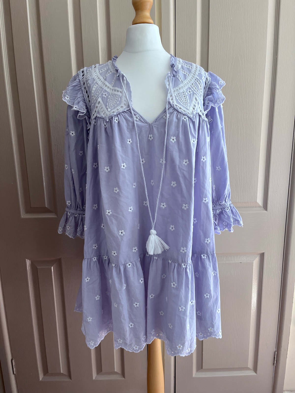 Topshop Lilac Broderie Anglaise Babydoll Y2K Mini Dress with Tassels - Size 10