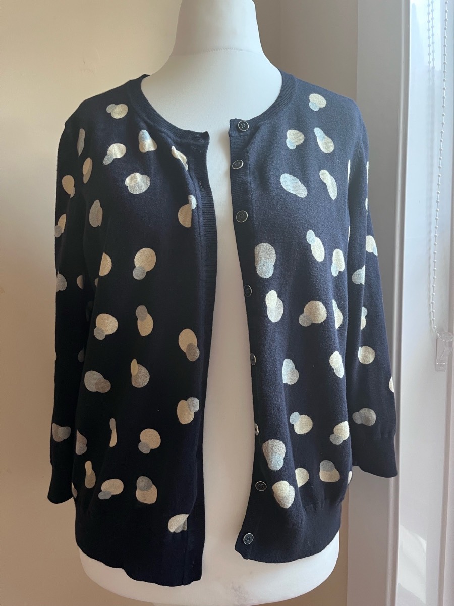 Laura Ashley Navy Blue Polka Dot Button-Up Knit Cardigan Size 16