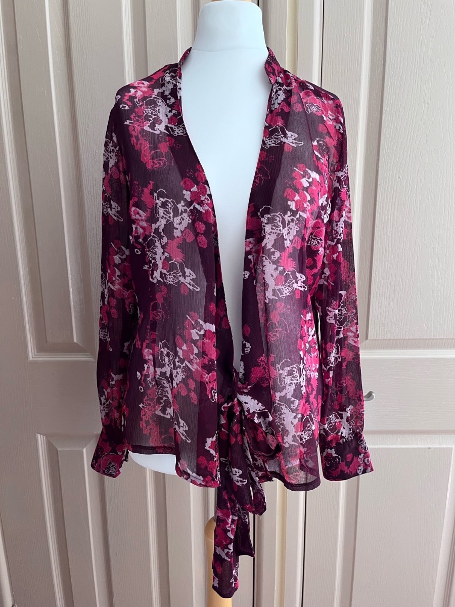 Editions Y2K Style Purple & Pink Floral Sheer Tie-Front Blouse - Size 12