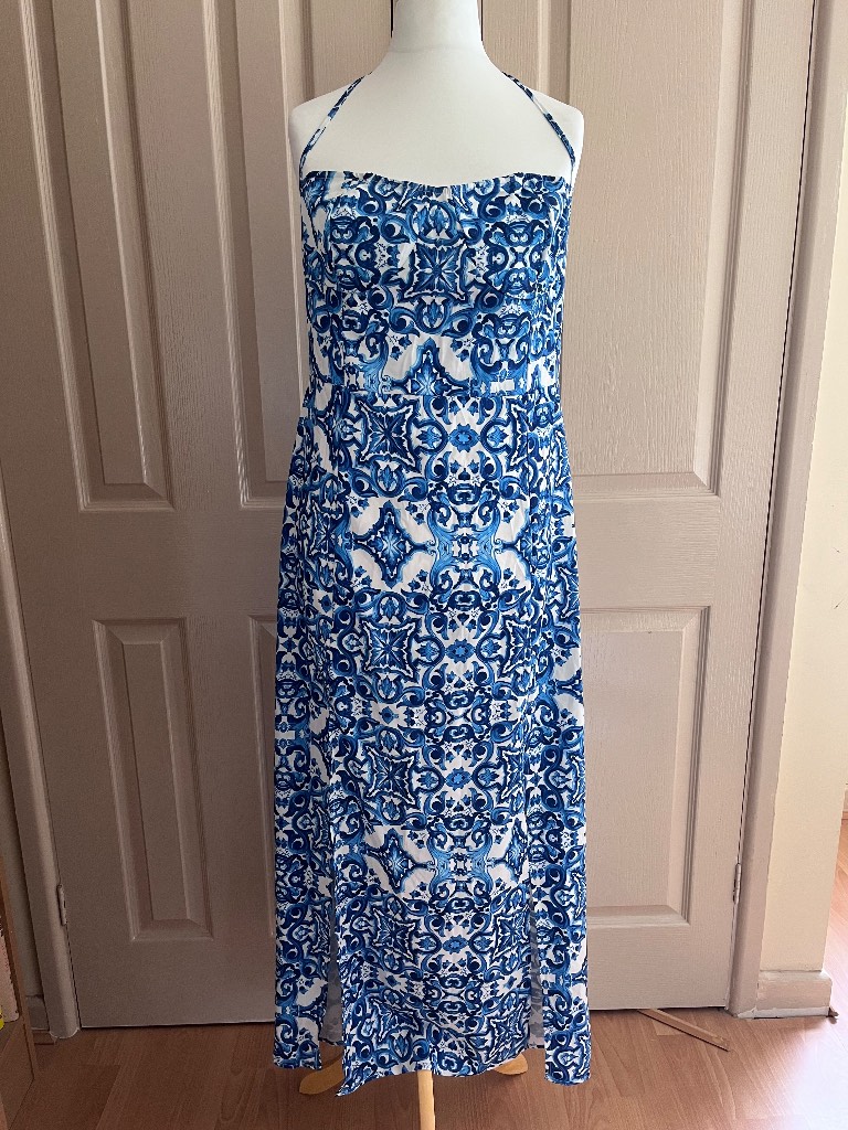 Blue & White Mediterranean Tile Print Maxi Dress - Halter Neck with Double Front Slits - Size XL
