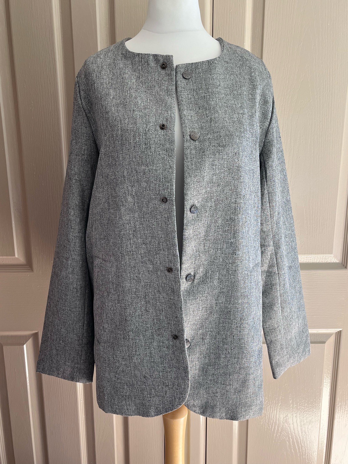 Drop Dead Clothing Y2K Grey Tweed/ Herringbone Collarless Jacket (Size 12)