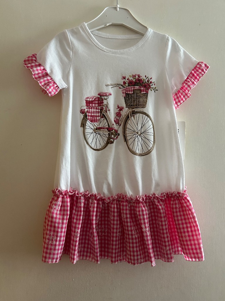 Girls White And Pink Gingham Bicycle Summer Dress- 30 Months