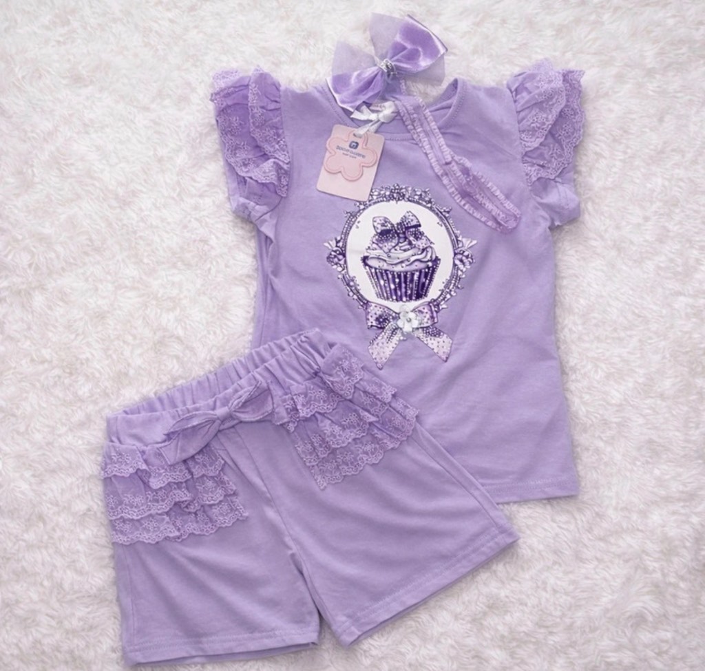 Girls Giorgio Bambini Lilac Cupcake Ruffle Summer Shorts Set With Bow Stretch Headband – Girls 3-4Y