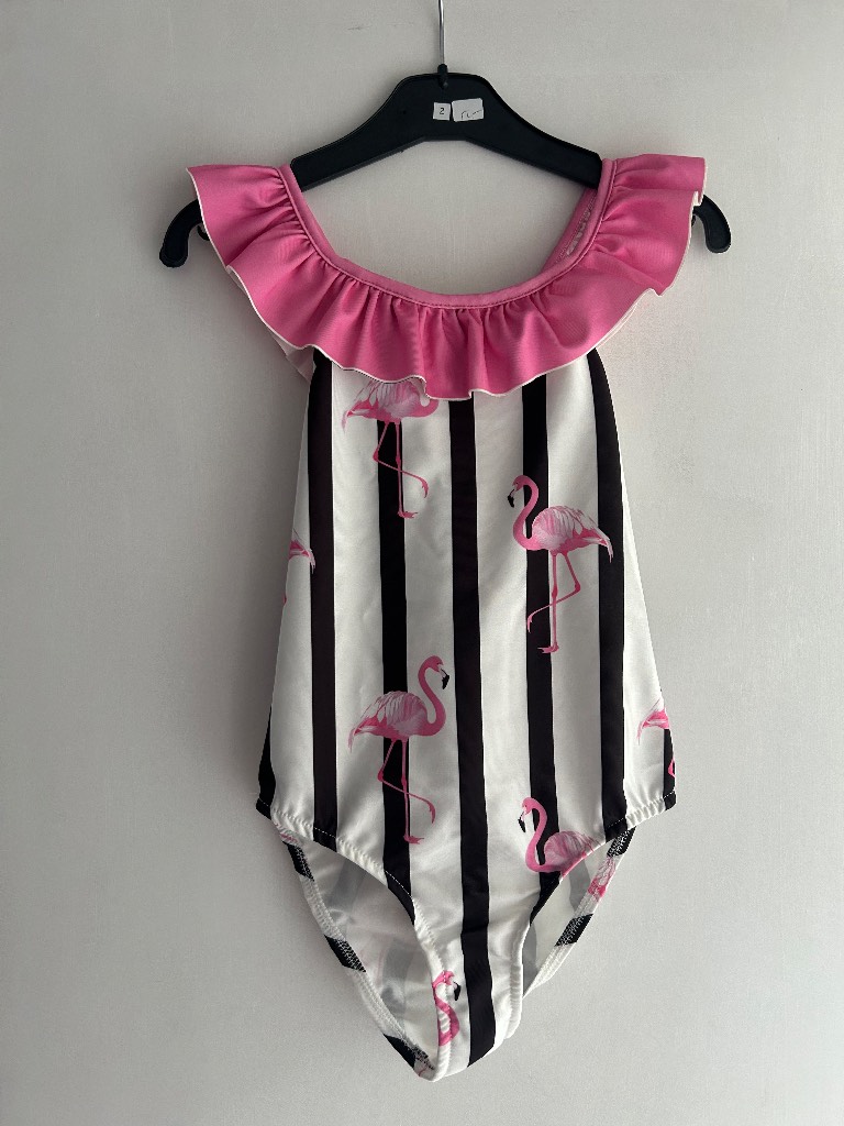 Girls Criss Cross Back Striped Flamingo Swimming Costume. 7/8 Years