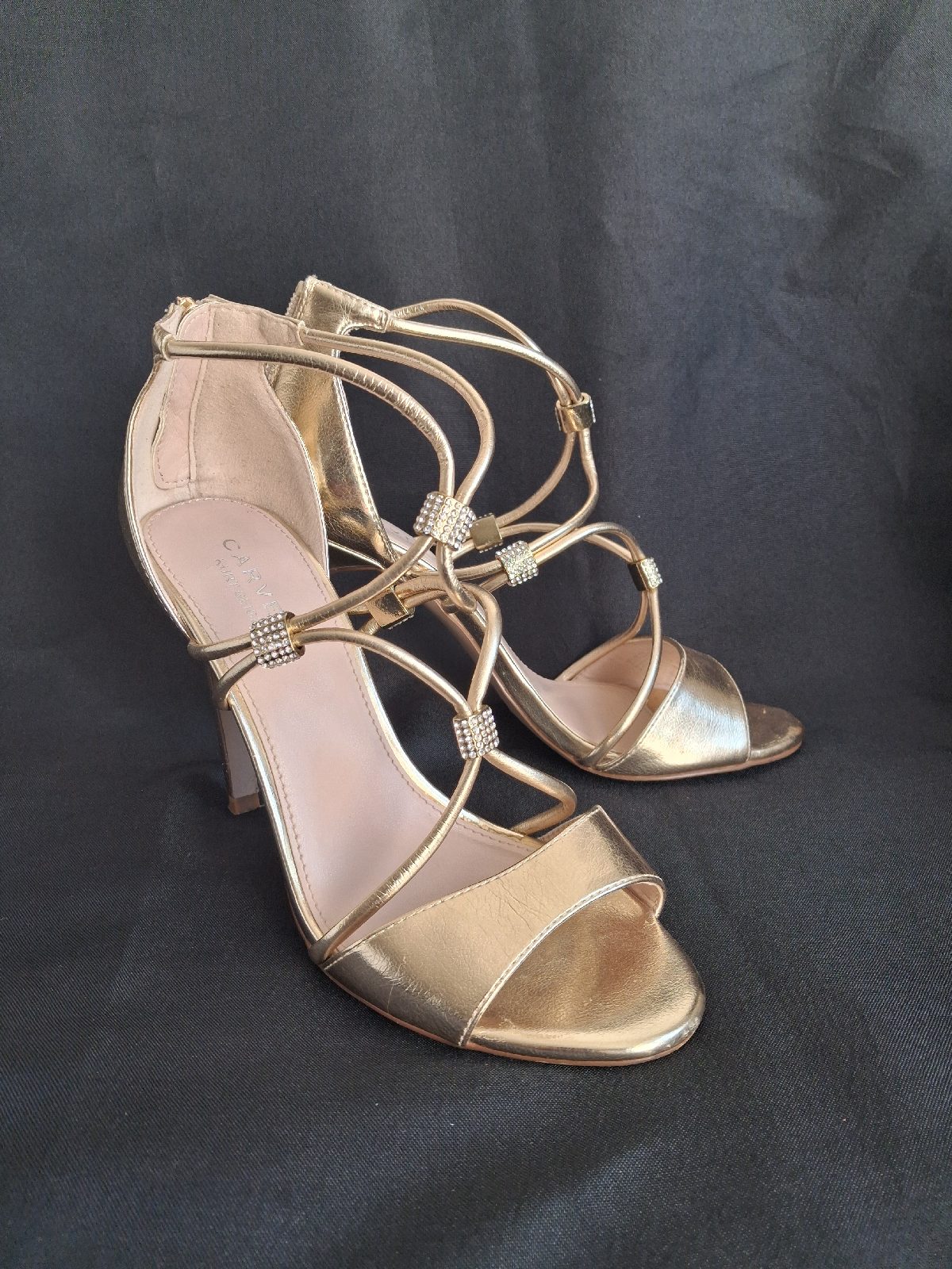 Carvela Kurt Geiger Gold Metallic Strappy Heels with Rhinestone Details - Size 4