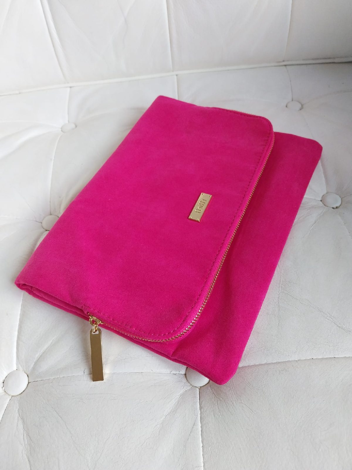 Faith Hot Pink Suede Foldover Clutch Bag - Gold Hardware