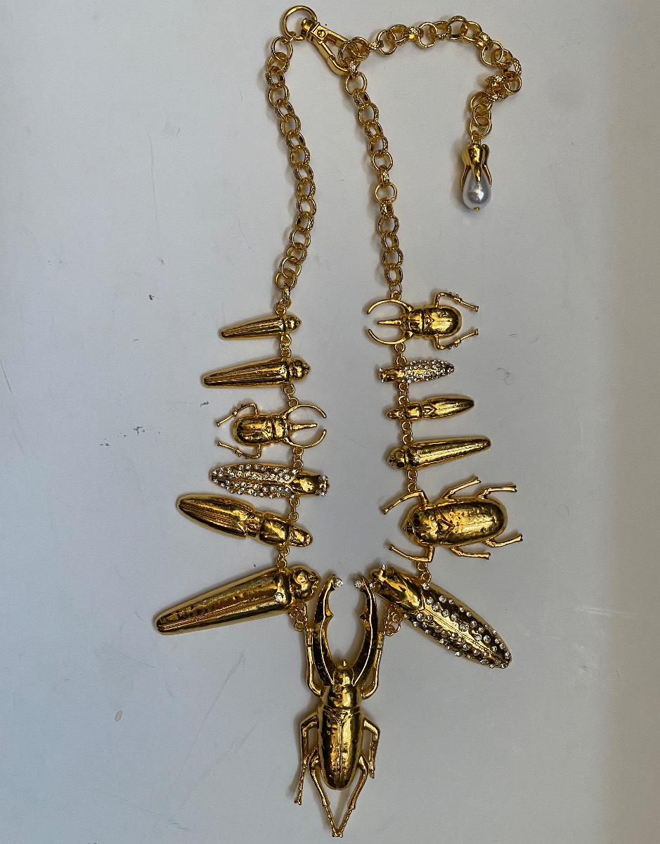 Gold tone quirky insect beetle bug necklace