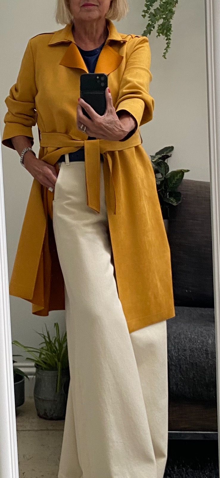 Faux suede long coat mustard yellow size 10 VGC