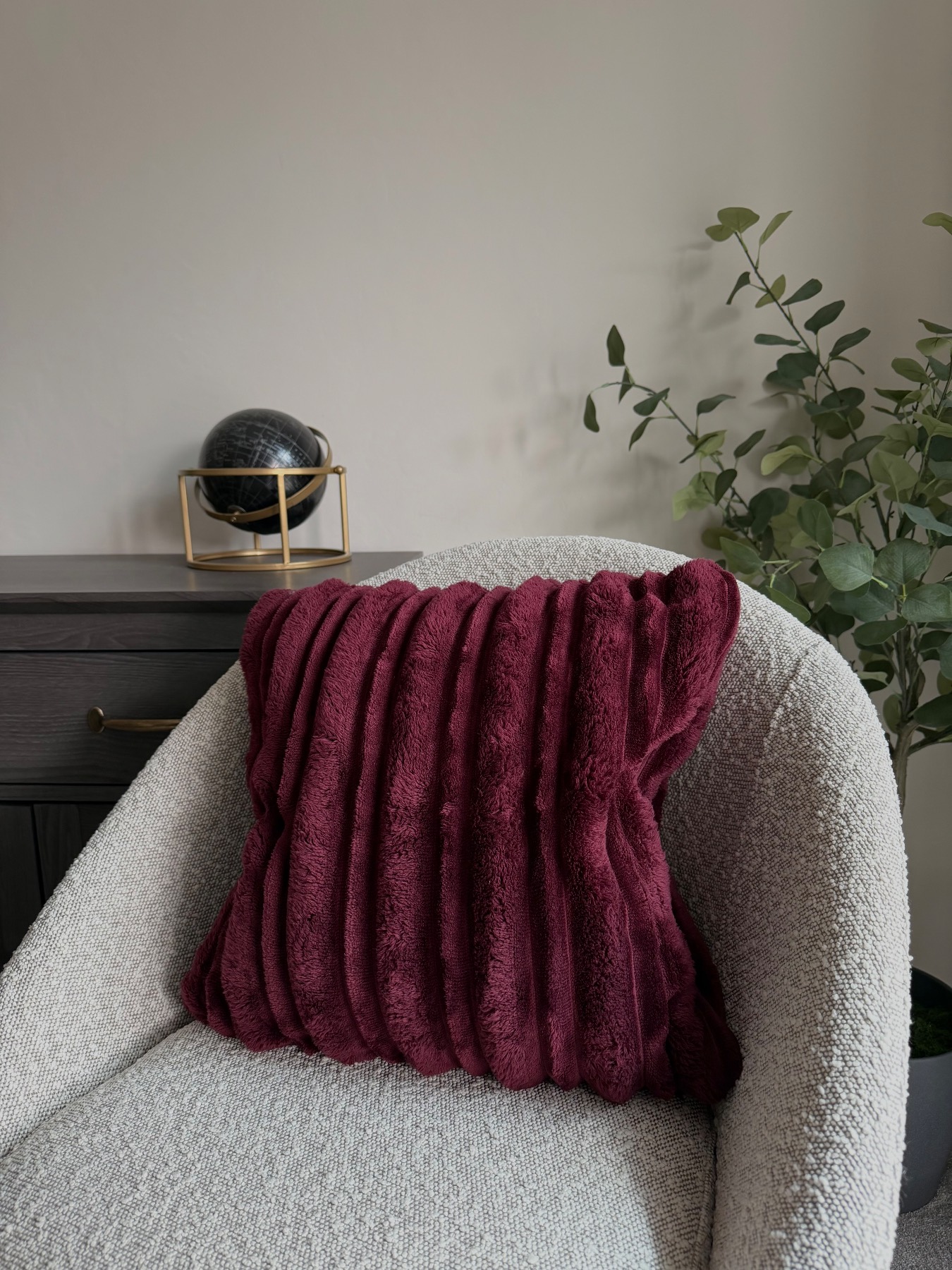 Burgundy faux fur cushion cover ribbed interior home decor statement cushion