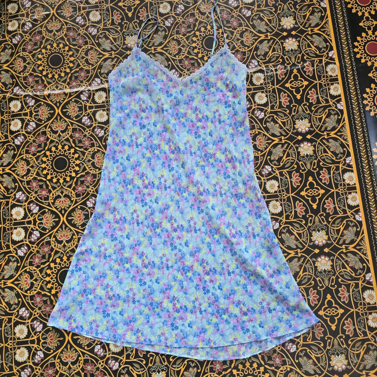 Y2K George Blue Floral Lace Trim Slip Dress