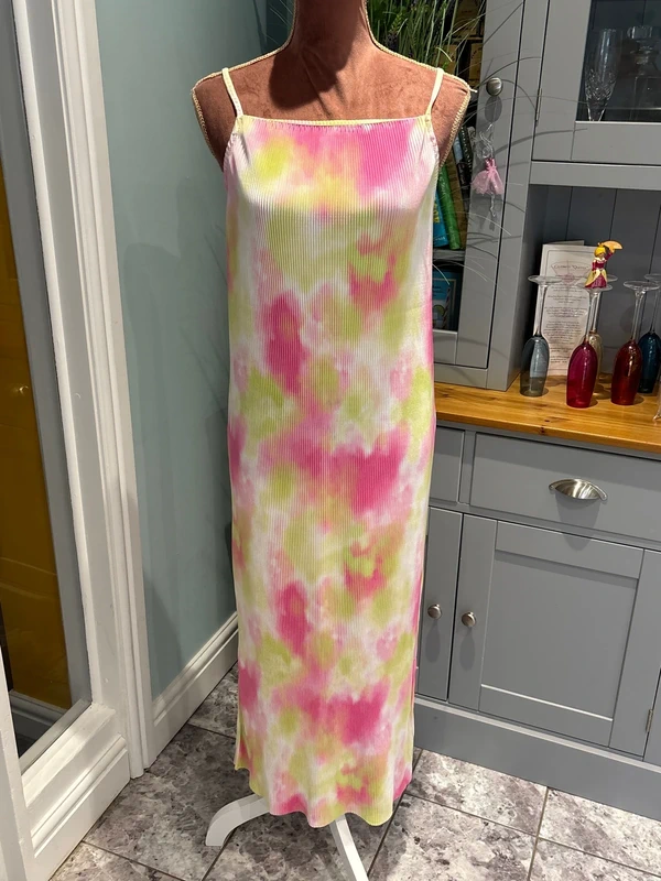Primark Pink Green Pleated Effect Strappy Midi Dress Size 12