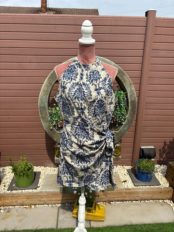 Blue and Beige Halter Neck Tie Waist Mini Dress Size XL (Size 14)