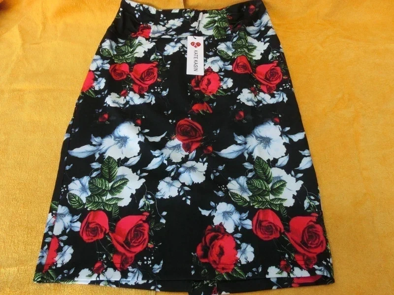 Kate Kasin black floral pencil skirt vibrant red rose and white blossom print pattern Size S