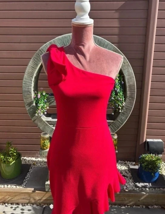 QUIZ Red One Shoulder Bow Dress Asymmetric Ruffle Hem Size 10 BNWT RRP £35