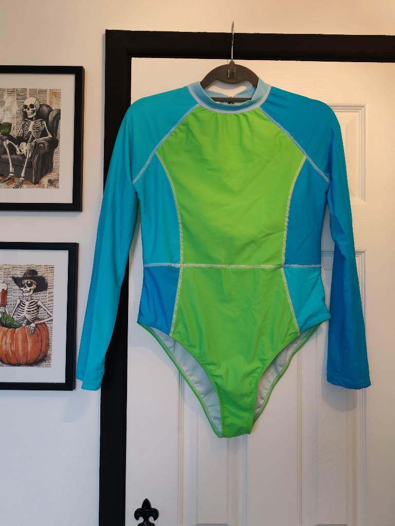 green and blue long sleeve open back swim wear one piece