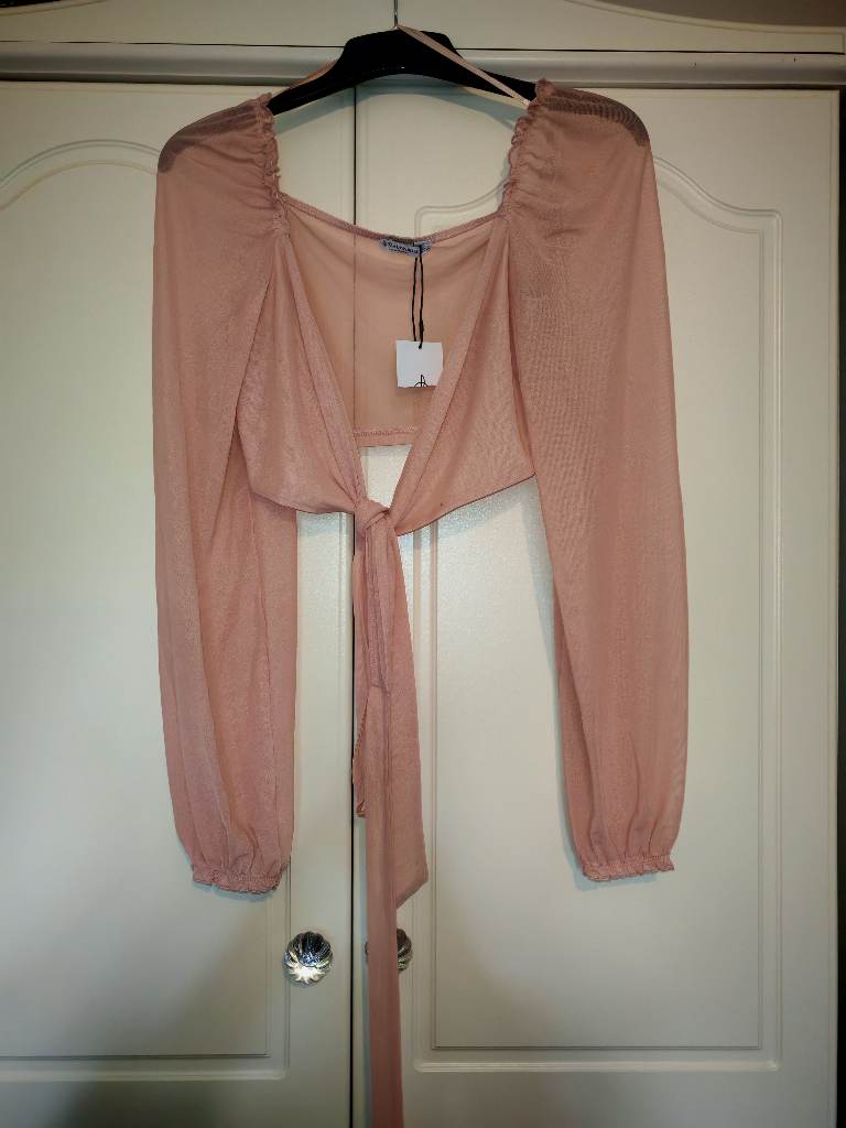 Stradivarius peach pink long sleeve mesh cover up
