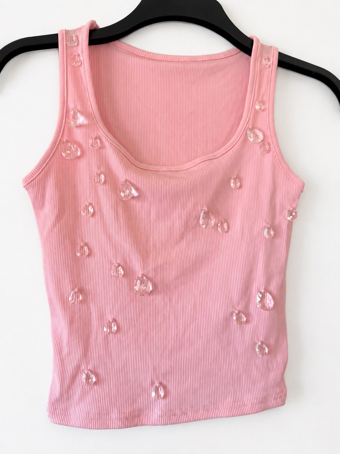 Pink Diamante Gem Embellished Ribbed Vest Top Size XS Y2K Sleeveless