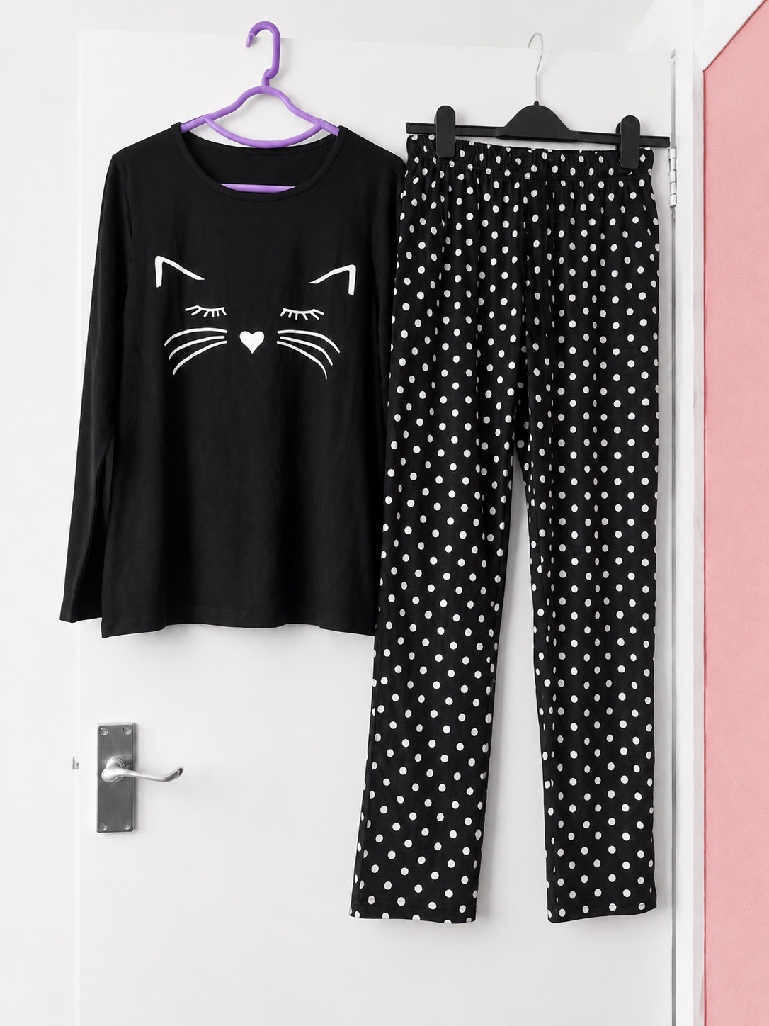 Black Cat Print Pyjama Set Polka Dot Trousers Size S