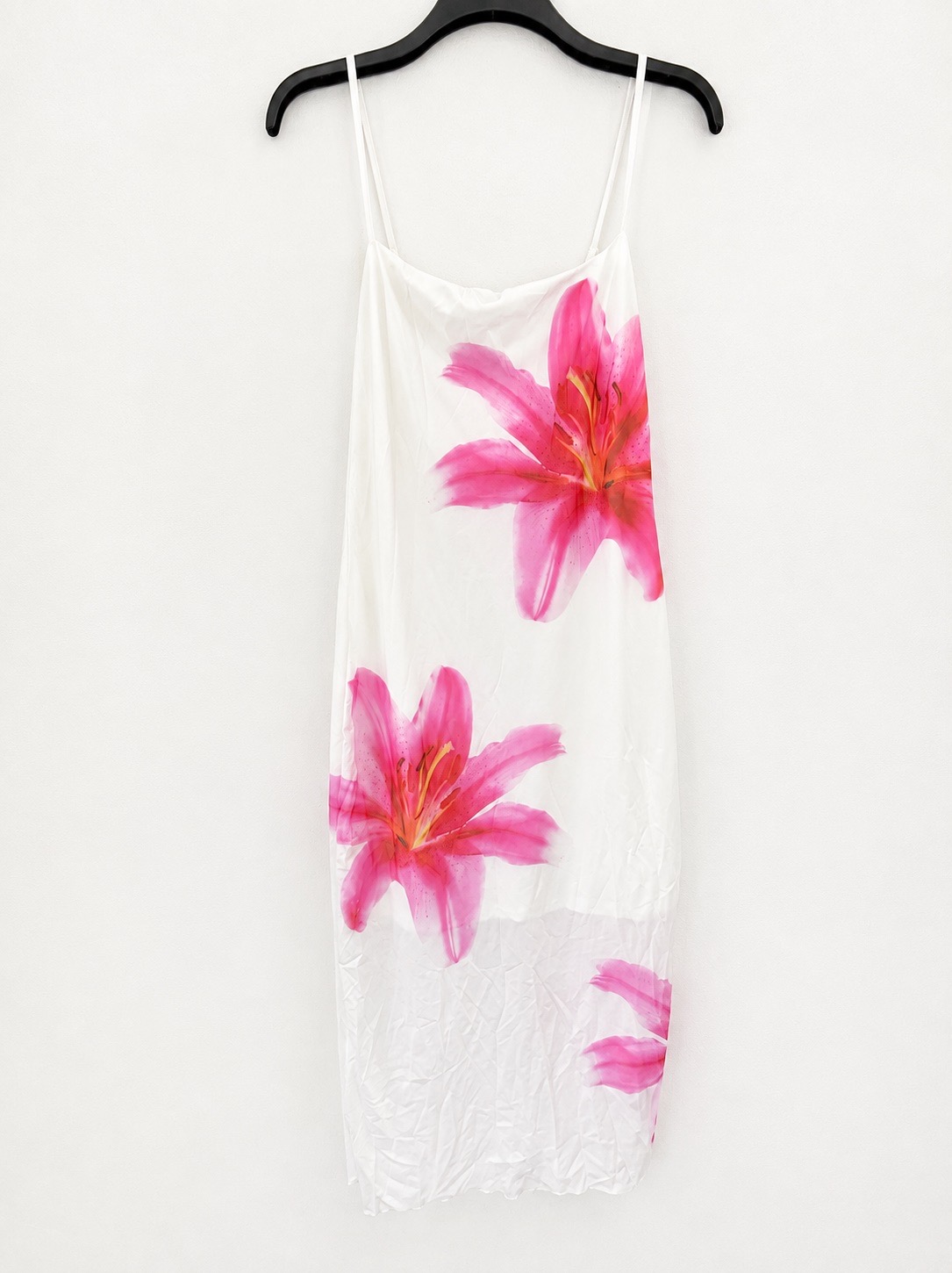White & Pink Lily Floral Maxi Dress Size L Adjustable Straps Summer Holiday