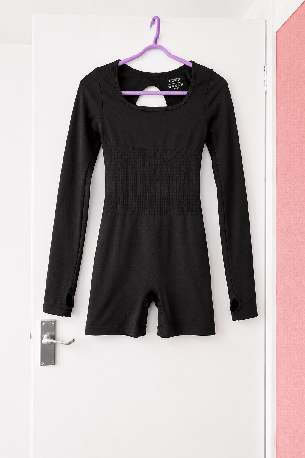 Black Seamless Unitard Long Sleeve Back Cut Out Romper Size S