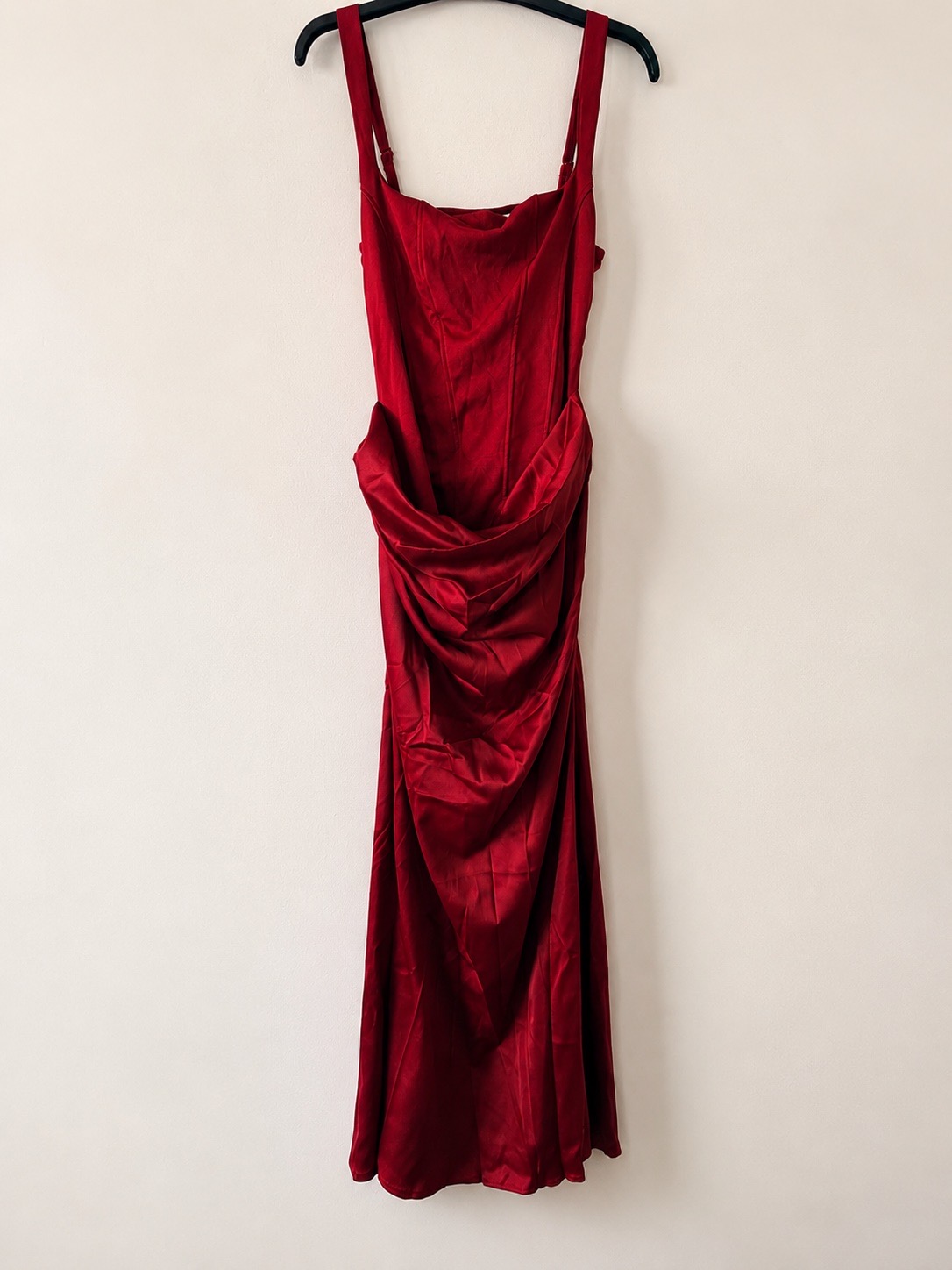 Burgundy Red Ruched Corset Maxi Dress Size L 14 16 Lace Up Back Prom Evening