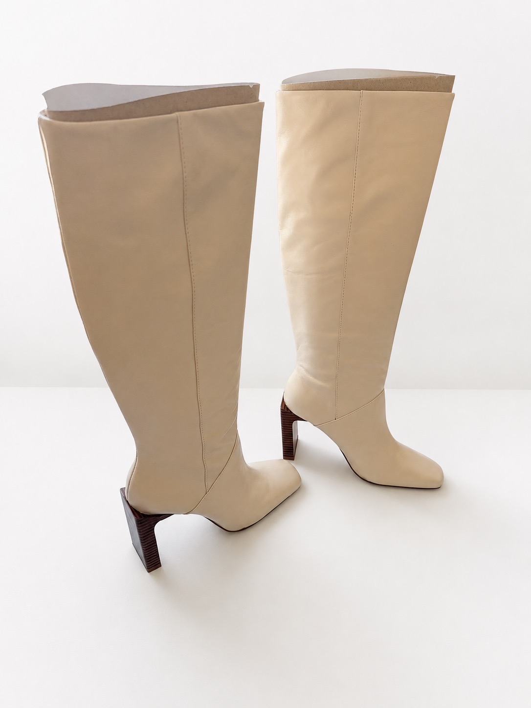 Mango MNG 618 Mary Cream Leather Knee High Boots UK 2 Square Toe Block Heel