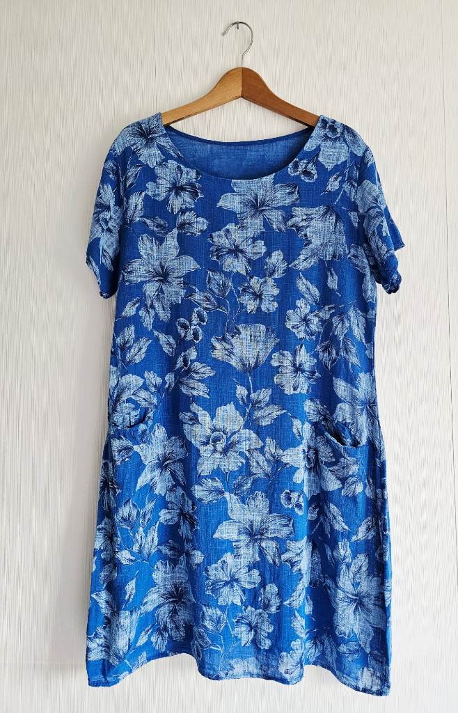Blue Floral Linen Blend Dress One Size UK 16 Loose Fit Pockets Summer Boho Midi