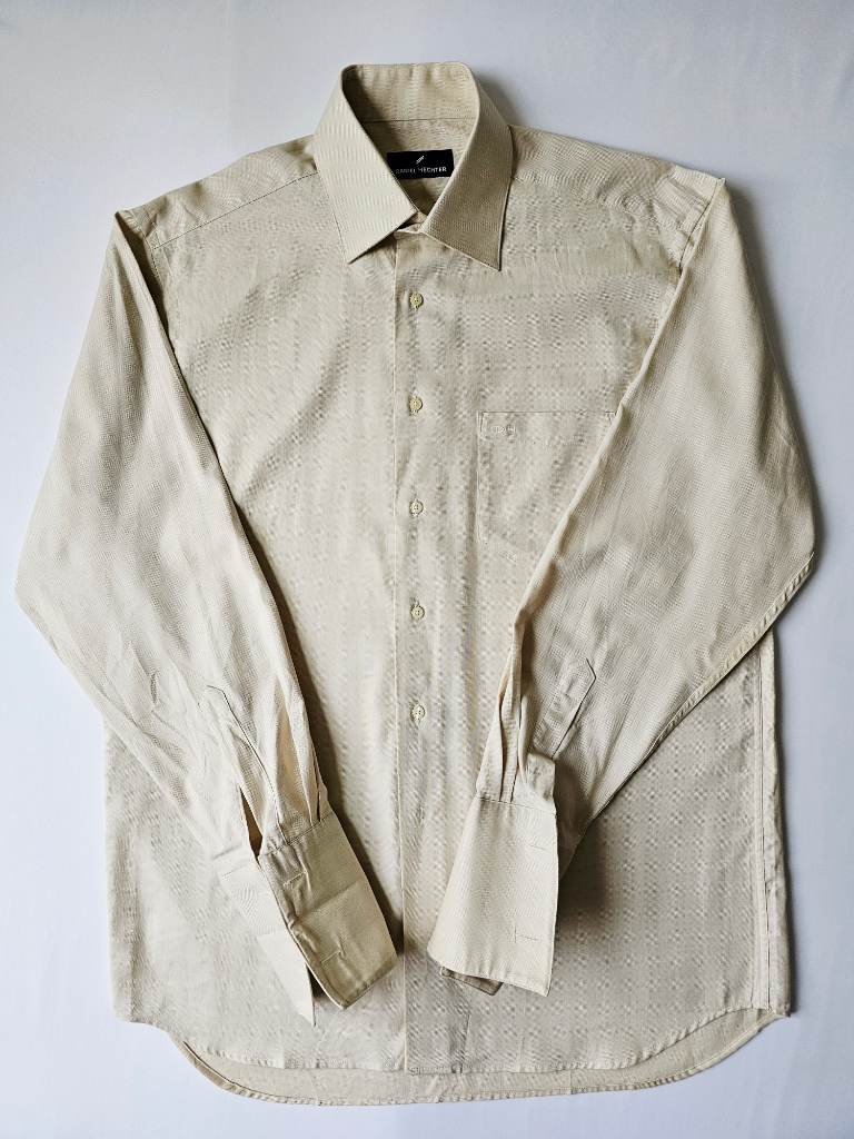 Daniel Hechter Mens Formal Shirt 16 Collar Cream Beige 100% Cotton Double Cuff Business Wedding