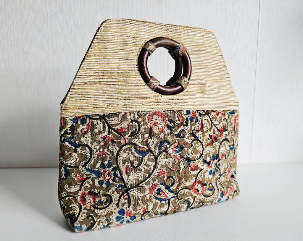 Vintage Boho Floral Tote Bag Wooden Handle Cottagecore Festival Handbag Fabindia