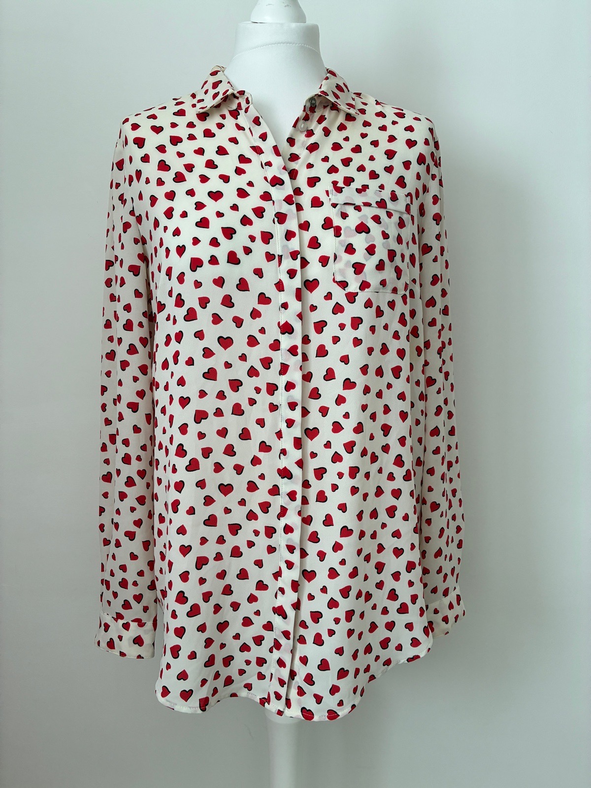 M&s Collection Cream Red Heart Print Long Sleeve Button Up Blouse Shirt Size 12