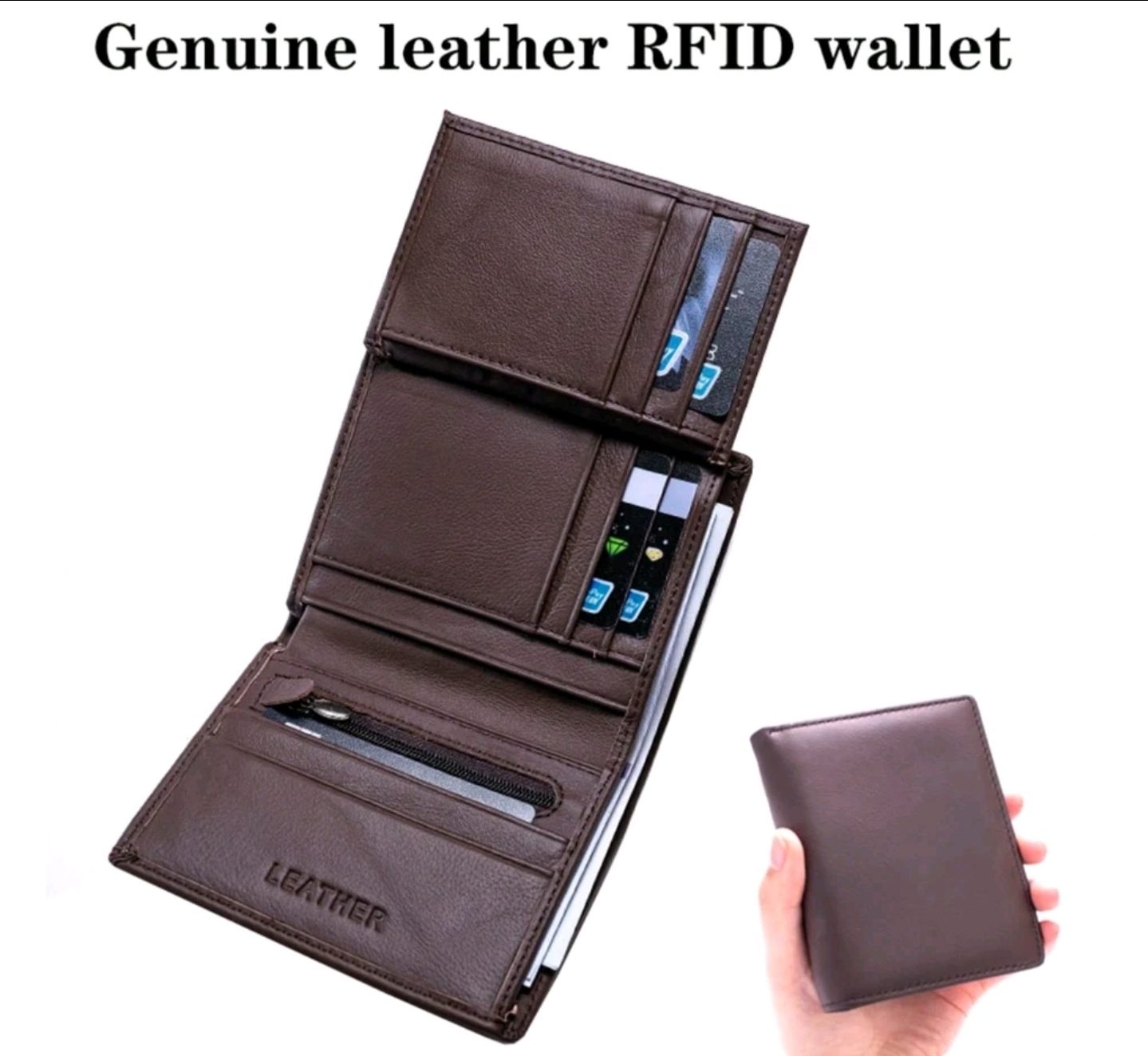 👜 Mens Genuine Leather RFID Blocking Wallet Brown Trifold, 12 Card Slots + Zip Coin Purse