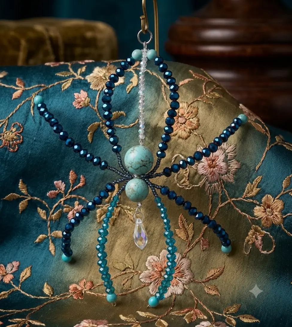 Sapphire Crystal Beaded Spider Suncatcher – Handmade Gothic & Nature Window Hanging