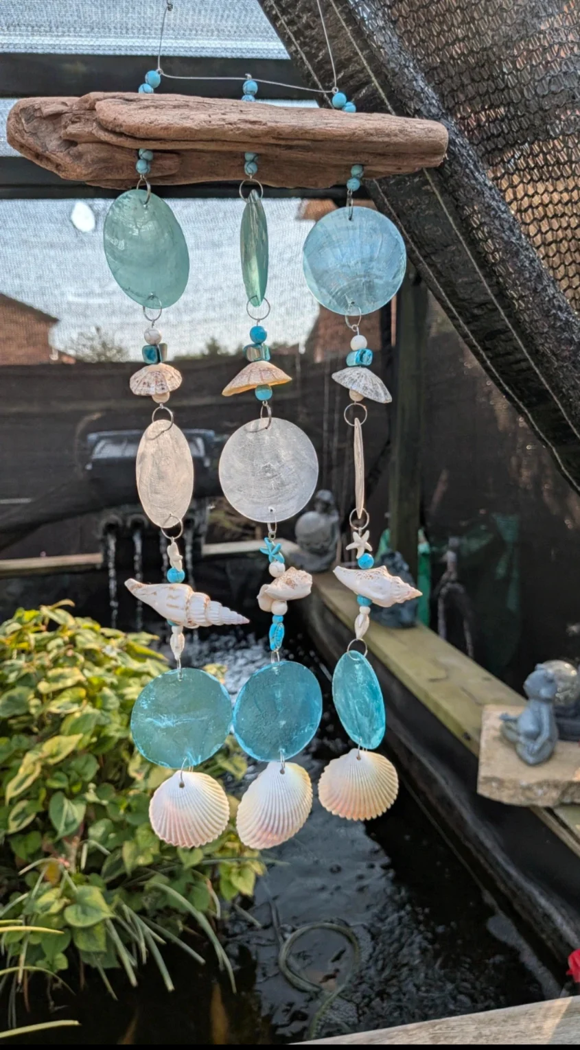 Handmade Driftwood & Seashell Wind Chime | Capiz Shell Mobile | Coastal Garden & Home Decor
