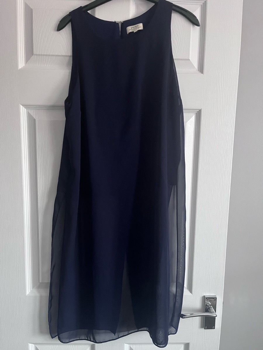 Ladies navy blue sleeveless top with chiffon overlay in size 14