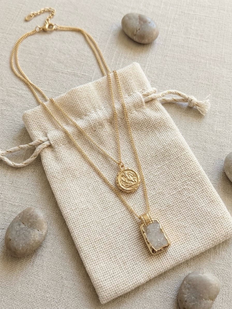 Double Layered Gold Coin & Druzy Crystal Pendant Jewellery Set