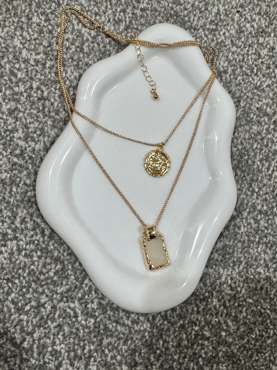 Chic Layered Gold-Tone Necklace Set – Coin & Rectangular Faux Stone Pendant