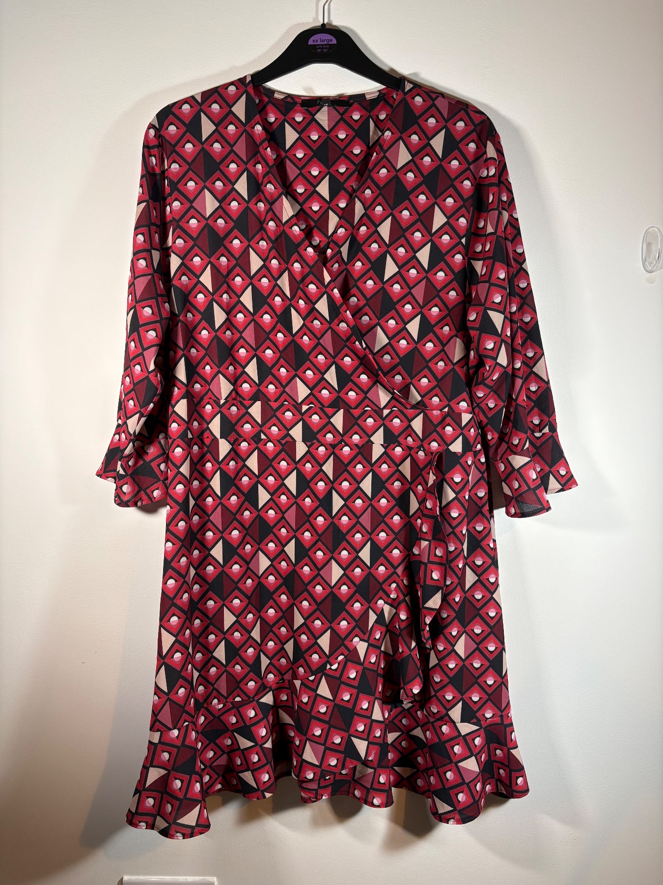 Next Wrap Dress – UK 20 – Red/Black Geometric Print – 3/4 Sleeves