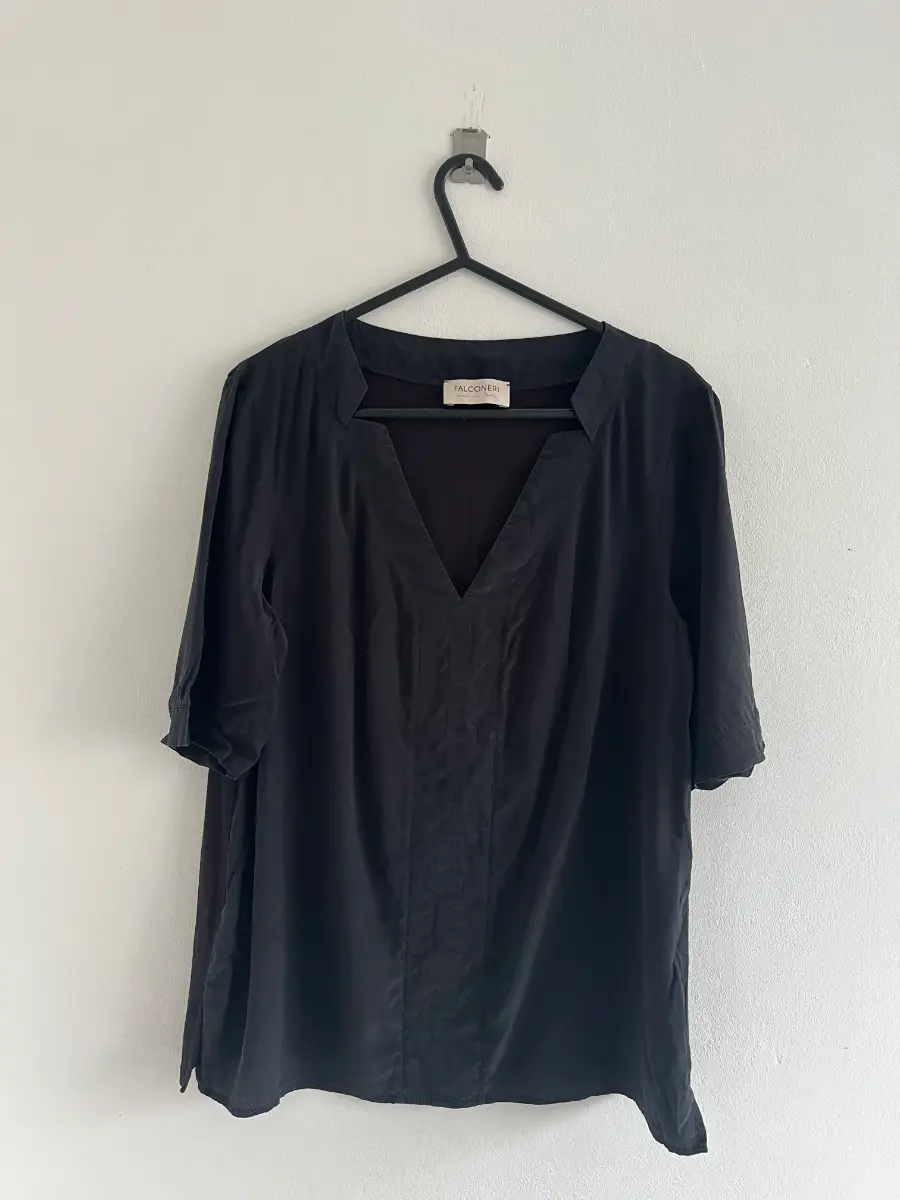 Falconeri Black 100% Silk Womens V-Neck Blouse Short Sleeve M/10