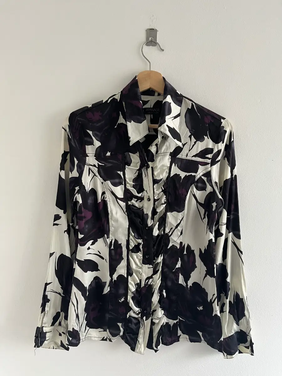 Apanage Silk Blend Purple Cream Floral Long Sleeve Shirt Size S-M/8-10