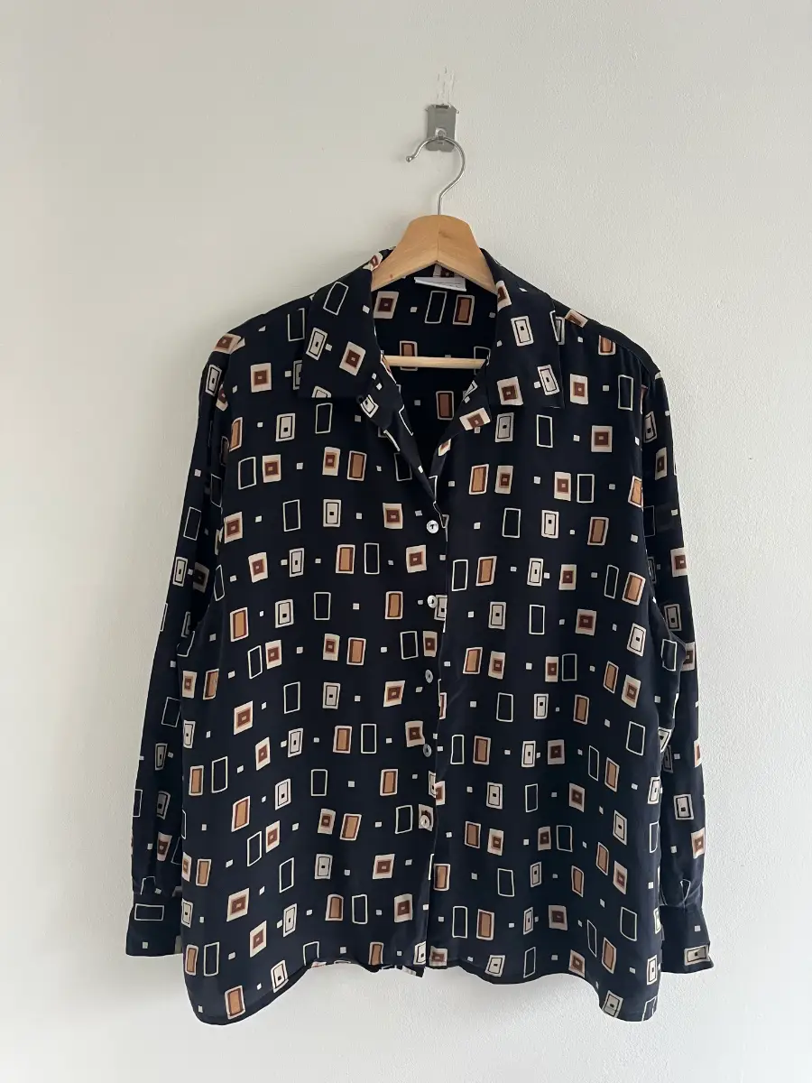 Vintage Barisal 100% Silk Black Abstract Long Sleeve Womens Shirt L-XL/12-14