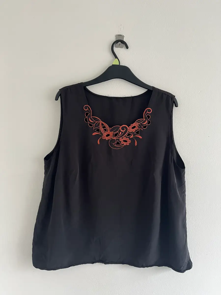 Vintage Silk Black Orange Eyelet Embroidered Womens Cami Top L/12