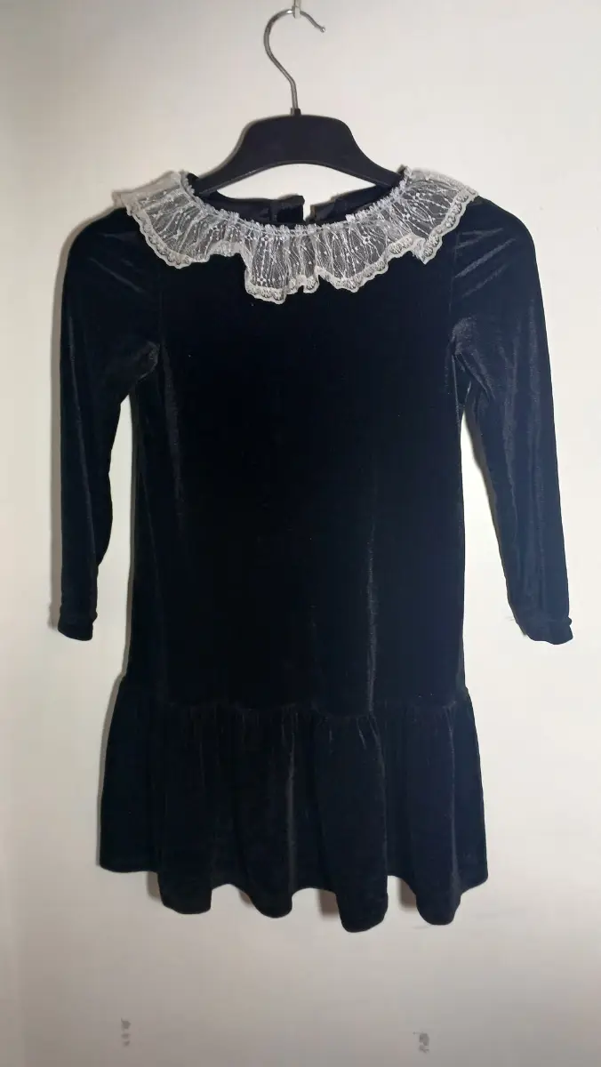 Girls Vintage Style Black Velvet Party Dress Lace Trim Collar Size 8 – Hadas