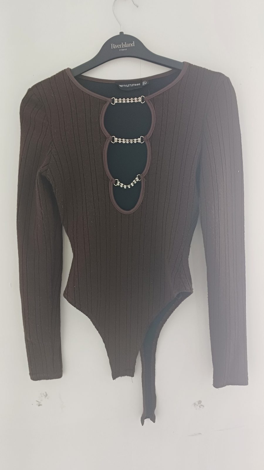 PrettyLittleThing Chocolate Brown Gem Chain Cutout Bodysuit (UK 8 / US 4)