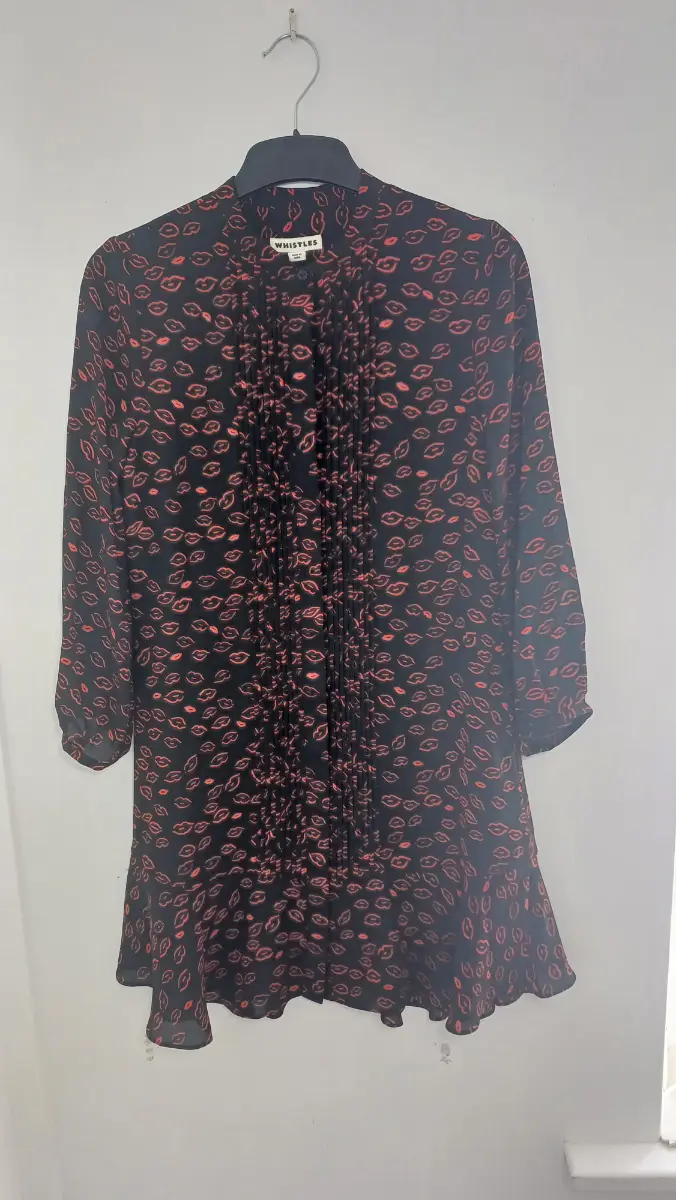 Whistles Black & Red Lip Print Pleated Mini Dress | Long Sleeve Shift Tunic size UK 6