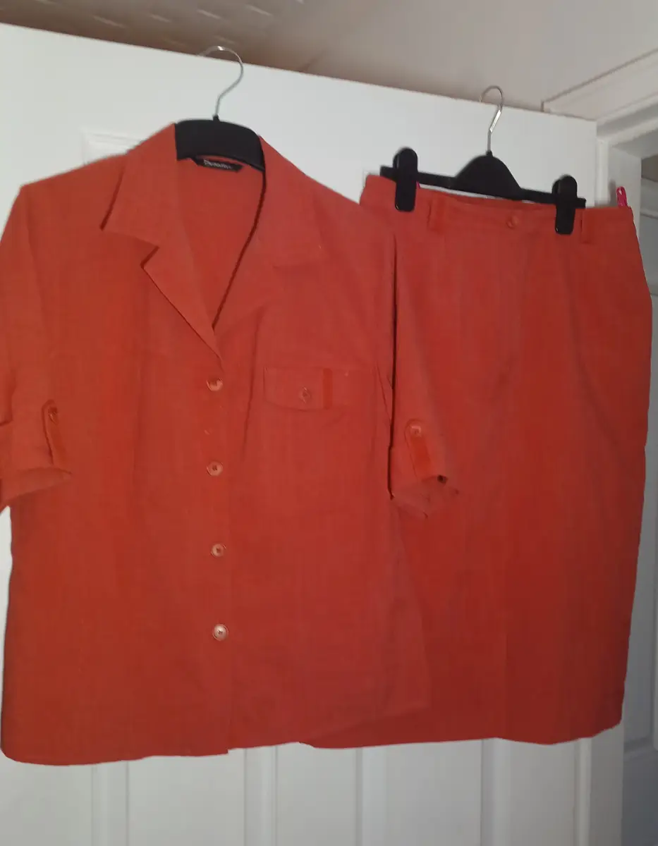Vintage Orange Linen Look 2 Piece Skirt Suit Set UK 14 | Summer Co-Ord Smart Casual Holiday Outfit