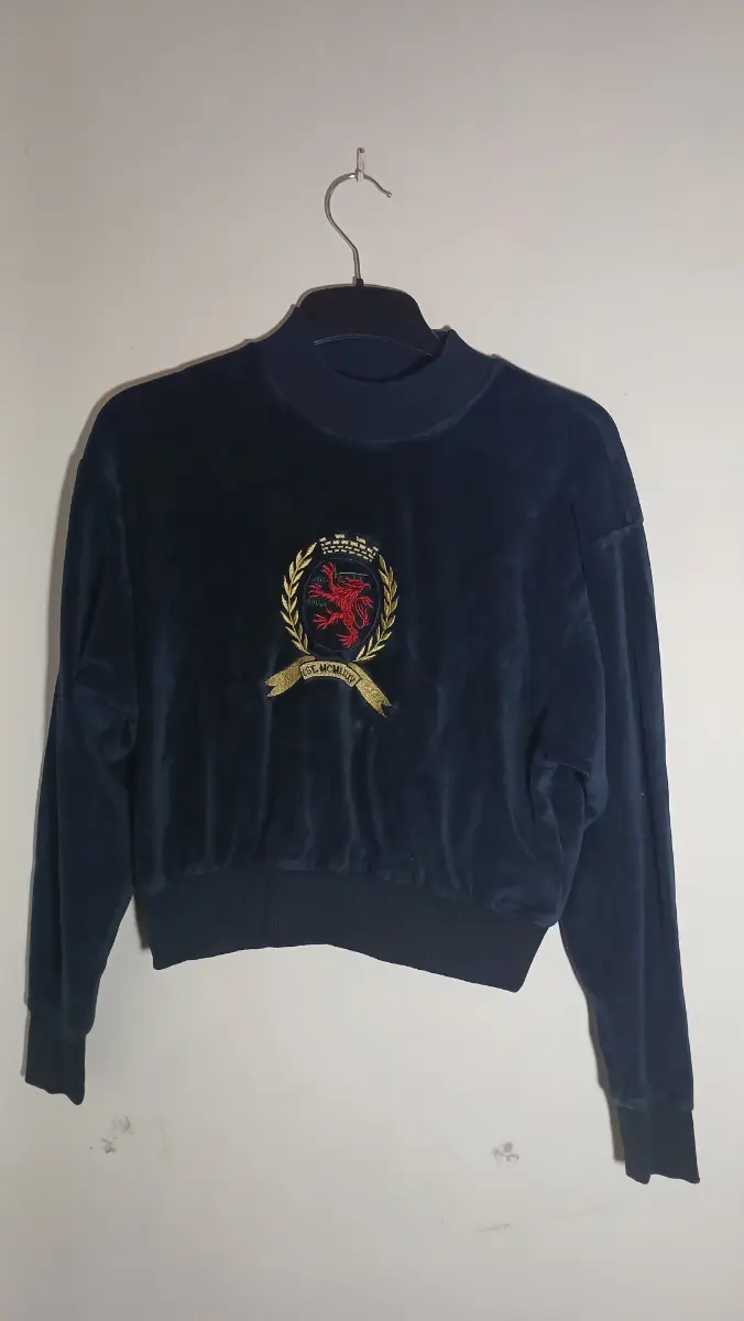 Tommy Jeans Women's Dark Sapphire Velvet Cropped Sweatshirt Size S Embroidered Crest Logo