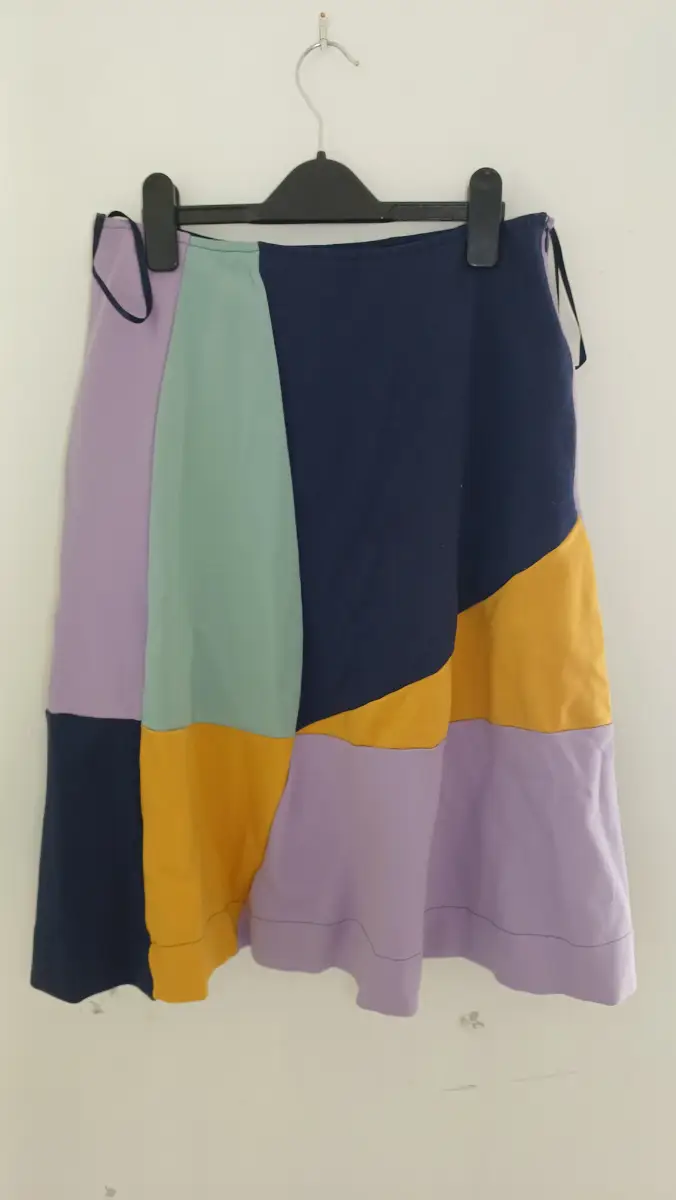 Retro Color Block Midi Skirt - Size UK 12 (Large Premoir) - Abstract Geometric A-Line
