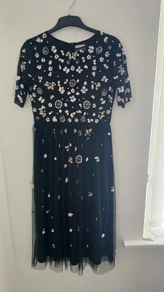 LACE & BEADS Black Floral Embellished Midi Dress - Fits UK 8/10 (Tag UK 14)