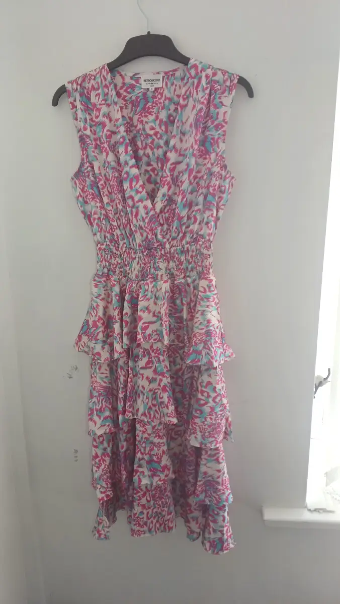 Retro & Icone Paris Boho Ruffle Tiered V-Neck Summer Sundress Pink Blue Size S